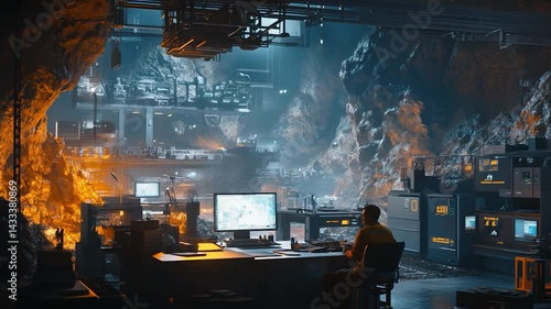 High-tech underground lab with glowing screens and rocky surroundings