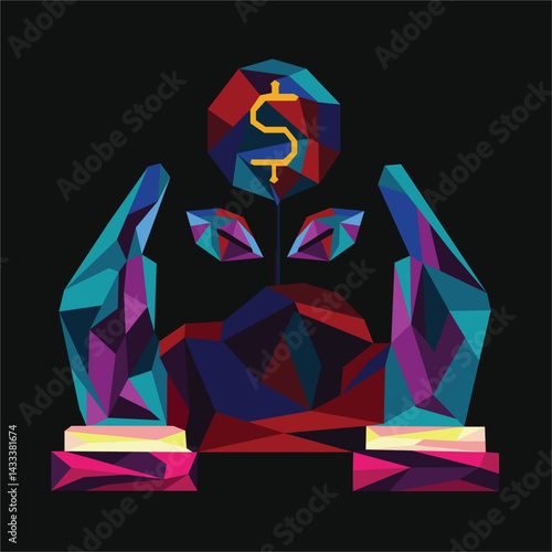 Save money, make money, income. Cash back growth, income statement, Accounting and bookkeeping, hand with golden coin, Rich finance to earning currency, capital concept, Vector illustration colorfull