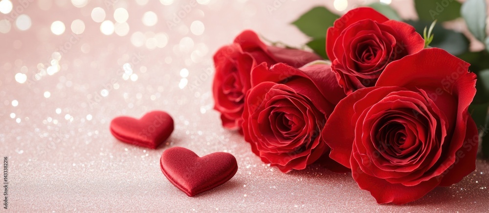 Red Roses and Hearts on Glittering Background Red Roses and Hearts on Glittering Background