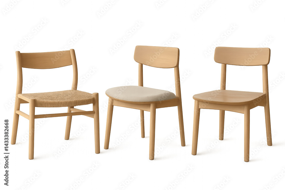 Three Japandi chairs with soft wood tones on transparent background Three Japandi chairs with soft wood tones on transparent background