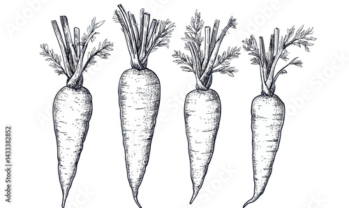 Hand Drawn Carrot Illustration with Tops in Minimalist Engraving Style for Graphic Design