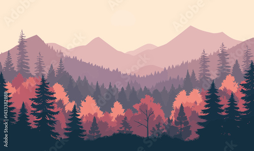 Serene Autumn Forest Landscape in Minimalist Style with Vibrant Colors and Mountains