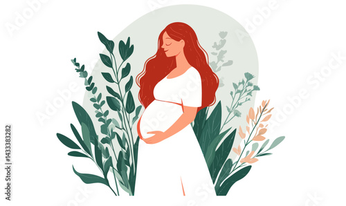 Pregnant Red-Haired Woman with Foliage, Minimalist Maternity SVG Vector Concept Art