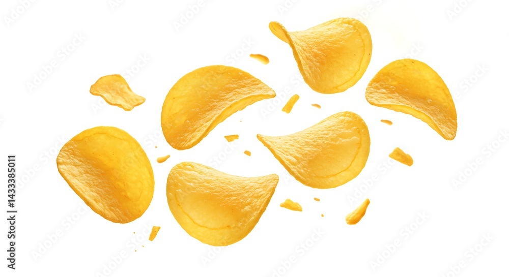 crunchy potato chips mid air glistening in golden hues, offering a savory treat that’s impossible to resist.