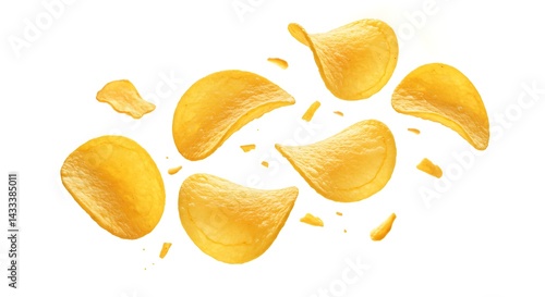 crunchy potato chips mid air glistening in golden hues, offering a savory treat that’s impossible to resist.