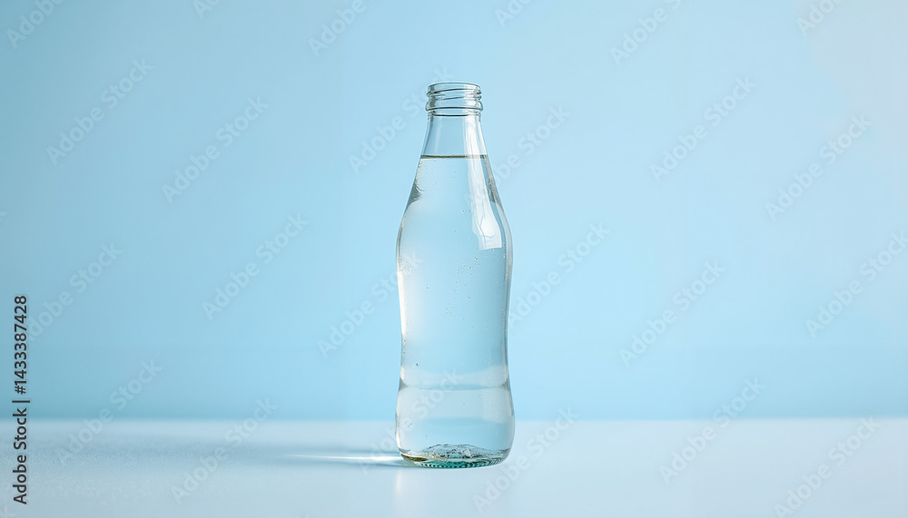 Clear water bottle against a soft blue background Clear water bottle against a soft blue background