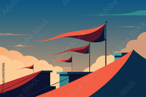 rooftop tarps flapping in monsoon gust