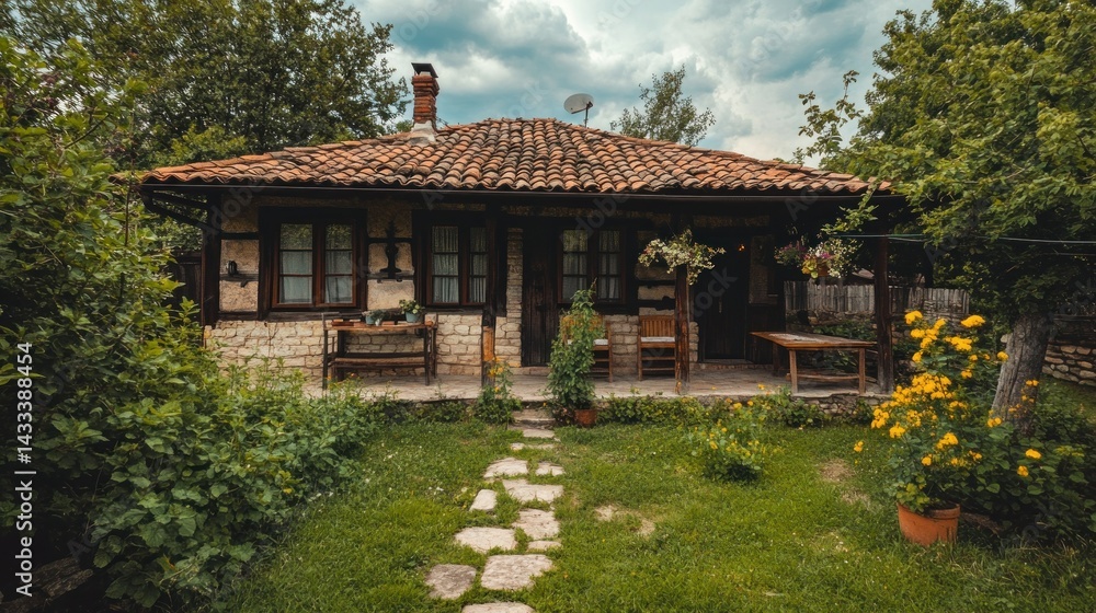 An idyllic rural home nestled in lush greenery and serene landscape An idyllic rural home nestled in lush greenery and serene landscape