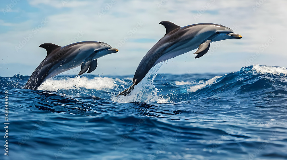 Fototapeta premium Two Dolphins Jumping in Ocean Waves