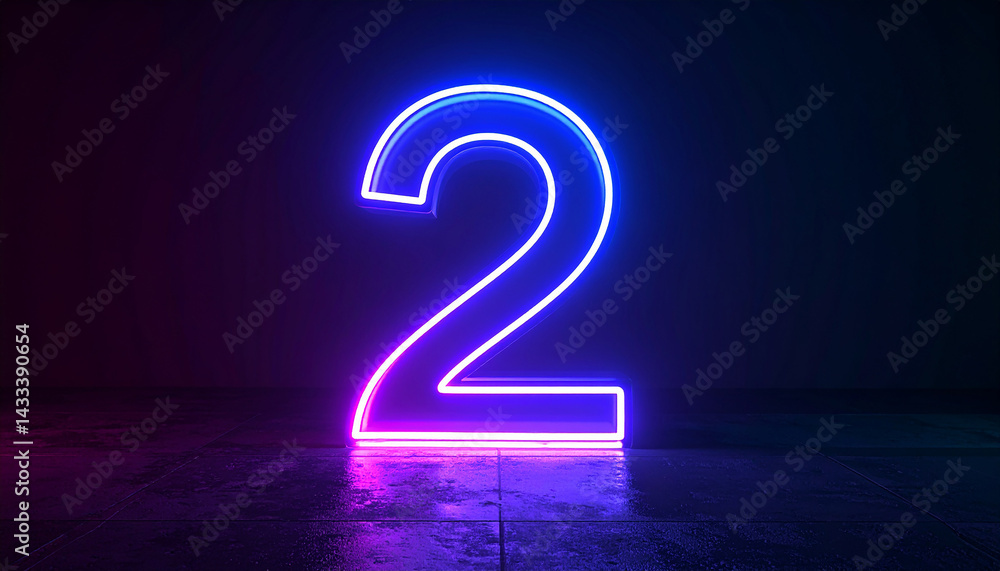 Image of glowing neon number 2 two, made from neon light. 3D rendering. Dark backdrop. Image of glowing neon number 2 two, made from neon light. 3D rendering. Dark backdrop.