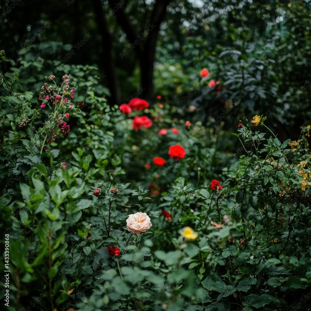 Lush Garden Displaying Many Roses And Other Flowering Plants Lush Garden Displaying Many Roses And Other Flowering Plants