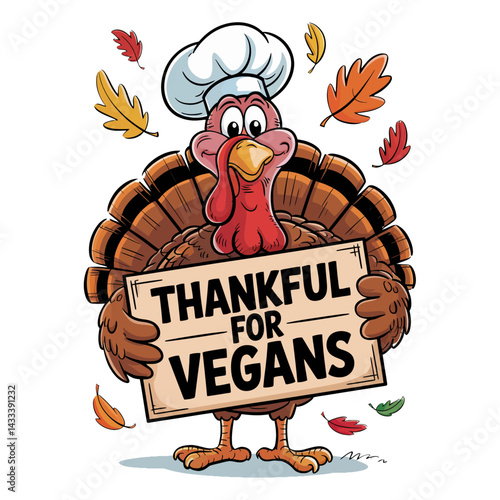 A cartoon turkey wearing a chef's hat holds a sign that reads Thankful for Vegans  surrounded by colorful autumn leaves.