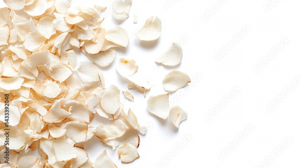Crispy Coconut Chips on White Background for Snack Packaging and Food Ads Crispy Coconut Chips on White Background for Snack Packaging and Food Ads