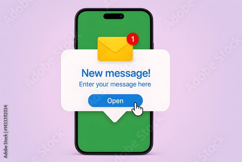Smartphone new message notification alert, mobile screen chat popup icon with unread email envelope symbol, online communication reminder template, digital phone UI concept on green background