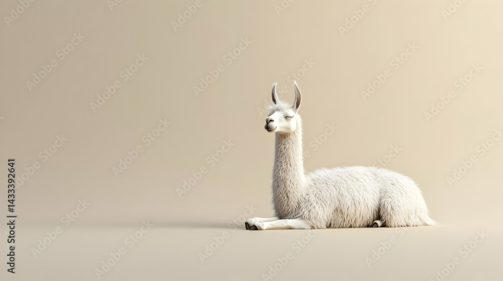 Obraz premium White Llama Lying Down Against Beige Background