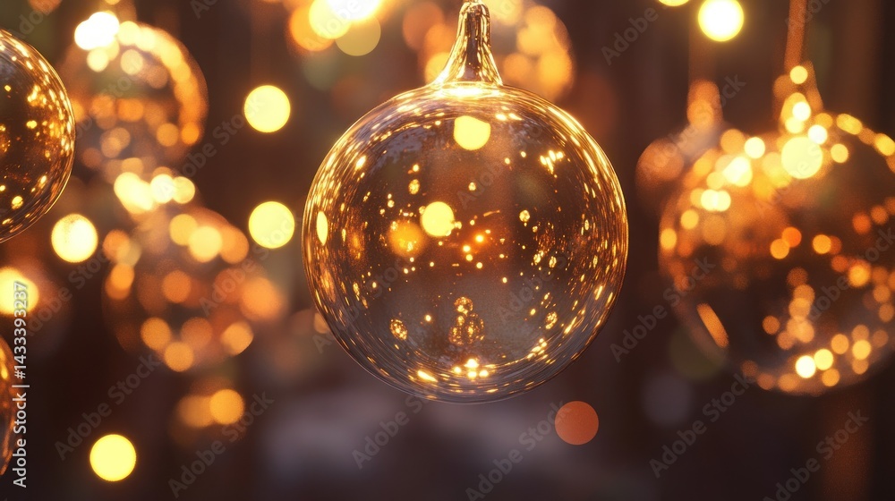 Illuminated glass ornaments reflecting warm golden bokeh lights in the dark Illuminated glass ornaments reflecting warm golden bokeh lights in the dark