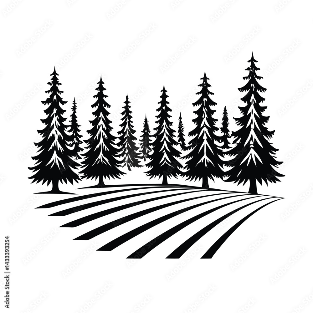 Obraz premium Evergreen Trees and Plowed Field, Black and White Silhouette Landscape Isolated