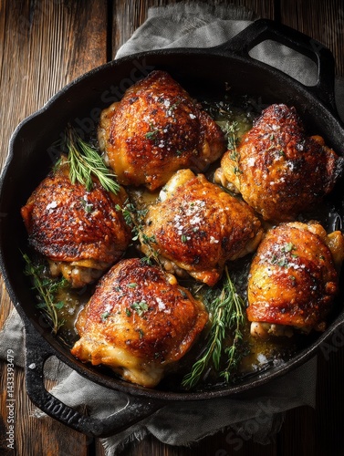 Crispy roasted chicken thighs in cast iron skillet garnished with herbs and coarse salt on rustic wooden table