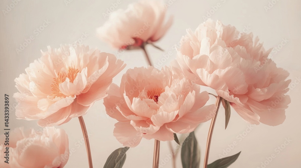 Fototapeta premium White and peach pink pattern on peonies with long stems