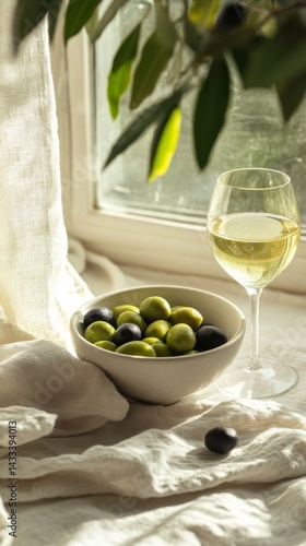 An olive bowl on the table, with fresh green olives