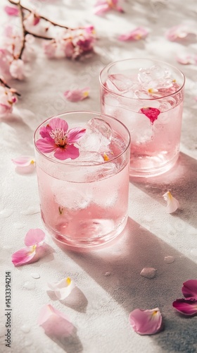 Two pink cocktail glasses with ice and small flowers inside