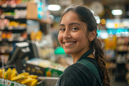 Generative AI Image of a Smiling Supermarket Worker in the Aisle with Products on Display