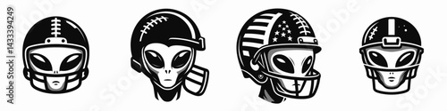 alien head with american football helmet. Sport lover graphic design. Extraterrestrial cranium wearing gridiron protective headgear for tackle.