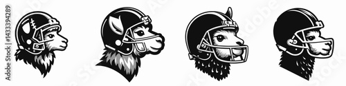 Alpaca head with american football helmet. Sport lover graphic design. Llama cranium wearing gridiron protective headgear sporting mascot concept.