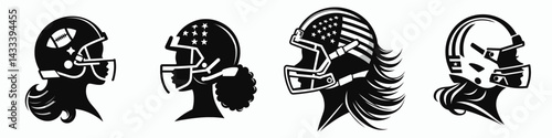 black girl head with american football helmet. Sport lover graphic design. African female visage gridiron headgear protective gear youth activity.
