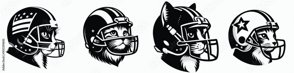 Domestic Shorthair Cat head with american football helmet. Sport lover graphic design. Feline cranium interior cat sporting headgear gridiron protective gear. Domestic Shorthair Cat head with american football helmet. Sport lover graphic design. Feline cranium interior cat sporting headgear gridiron protective gear.