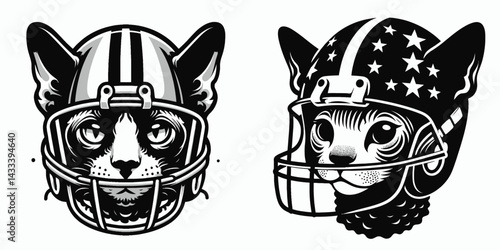 Devon Rex Cat head with american football helmet. Sport lover graphic design. Curly feline headgear gridiron protective dome cute kitty in helmet.