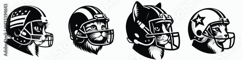 Domestic Shorthair Cat head with american football helmet. Sport lover graphic design. Feline cranium interior cat sporting headgear gridiron protective gear.