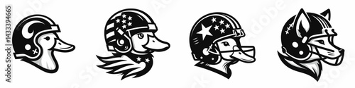 Duck head with american football helmet. Sport lover graphic design. Waterfowl cranium donning pigskin defense gear gridiron concept.