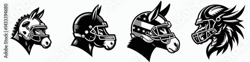Donkey head with american football helmet. Sport lover graphic design. Equine cranium gridiron protective headgear for humorous design art.