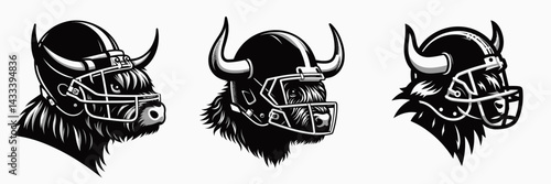Highland Cow head with american football helmet. Sport lover graphic design. Bovine portrait wearing gridiron protective headgear scottish mammal theme.