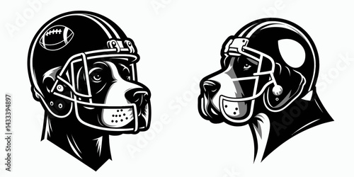 Great Dane Dog head with american football helmet. Sport lover graphic design. Canine headshot of a big danish hound wearing protective gridiron headgear.