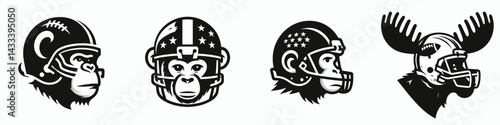 Monkey head with american football helmet. Sport lover graphic design. Primate cranium wearing gridiron tackle guarding headgear athletic concept.