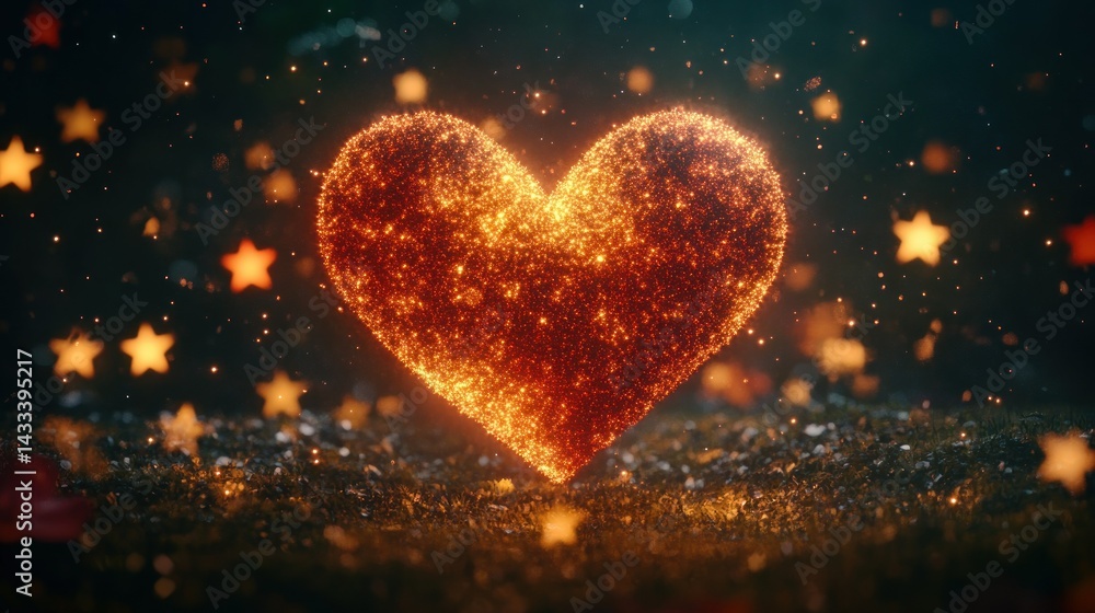 Glowing Heart Surrounded by Stars Above Shimmering Ground Glowing Heart Surrounded by Stars Above Shimmering Ground