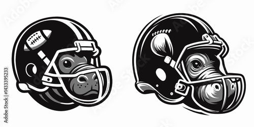 Pygmy hippo head with american football helmet. Sport lover graphic design. Tiny hippopotamus cranium wearing gridiron helmet concept and theme.