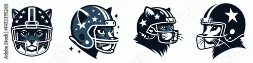 Russian Blue Cat head with american football helmet. Sport lover graphic design. Gray feline cranium in protective gridiron headgear sporting theme.