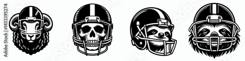 Sheep head with american football helmet. Sport lover graphic design. Ram cranium in gridiron headgear ovine sportive protection competition concept.