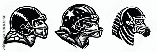 Turtle head with american football helmet. Sport lover graphic design. Shelled reptile cranium inside gridiron protective headgear for competition.