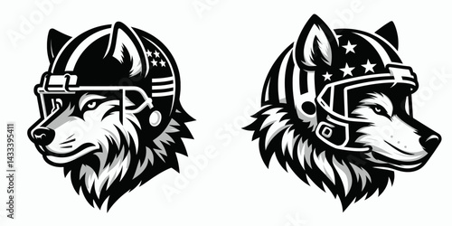 Wolf head with american football helmet. Sport lover graphic design. Canine cranium wearing gridiron protector a symbol of strength and game spirit.