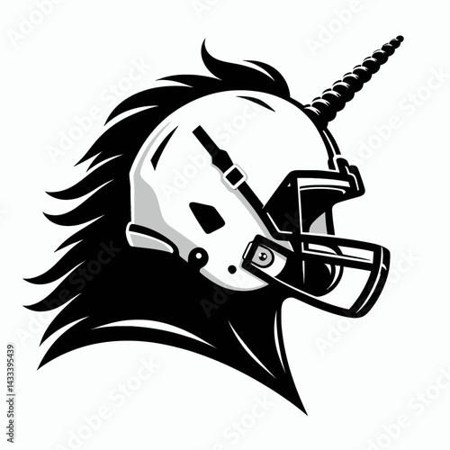 Unicorn head with american football helmet. Sport lover graphic design. Horned equine cranium wearing gridiron protective headgear fantasy concept.