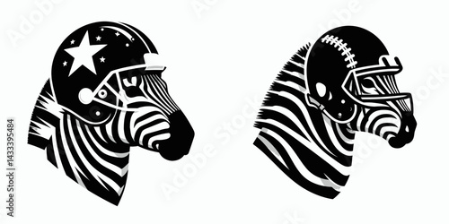 Zebra head with american football helmet. Sport lover graphic design. Equine face wearing gridiron protective gear funny mascot concept.