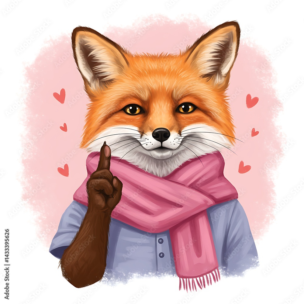 Fototapeta premium Whimsical Illustration of a Charming Fox Character Wearing a Pink Scarf Surrounded by Hearts