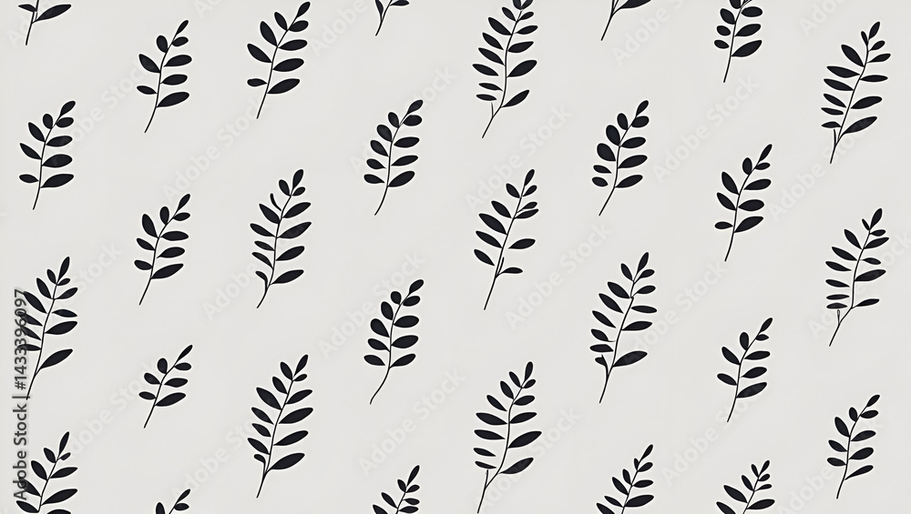 Fototapeta premium Minimal black and white vector illustration of small leaf plant silhouettes arranged in a seamless pattern, perfect for tattoos, cards, and packaging designs