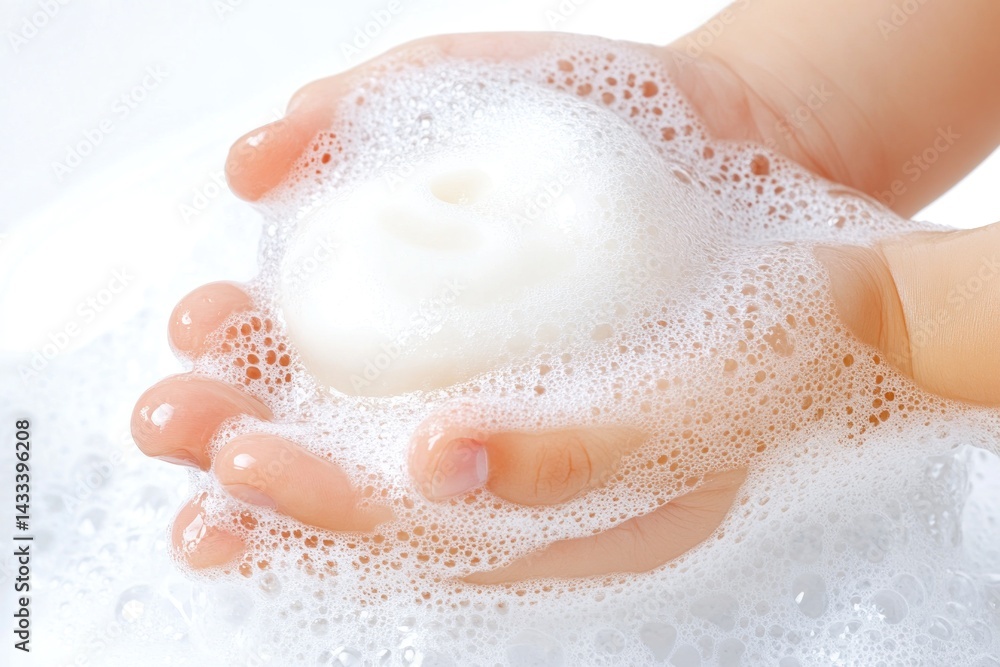 Obraz premium Small Hands Holding Soapy Bar Bubbles Bath