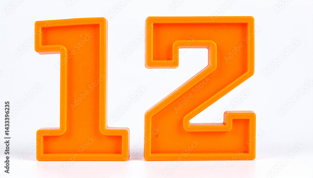 Orange plastic number 12 for banner or poster. 3D rendering. White backdrop. Orange plastic number 12 for banner or poster. 3D rendering. White backdrop.