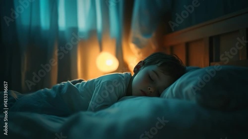 Peaceful child sleeping in a cozy bedroom with soft lighting